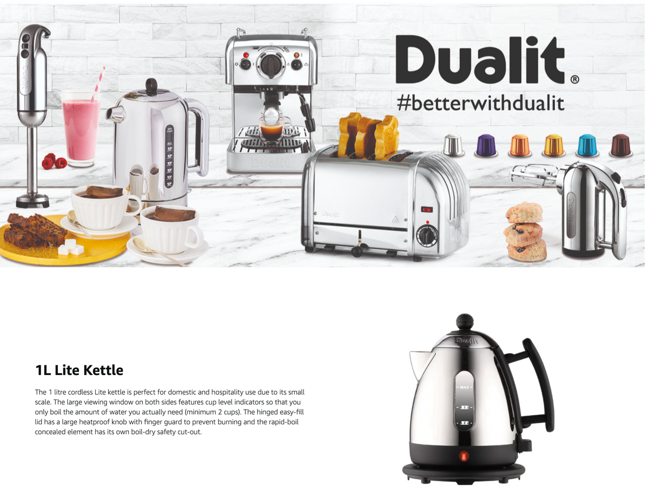 Dualit Lite mini jug kettle in black with clear body, handle, and hinged lid