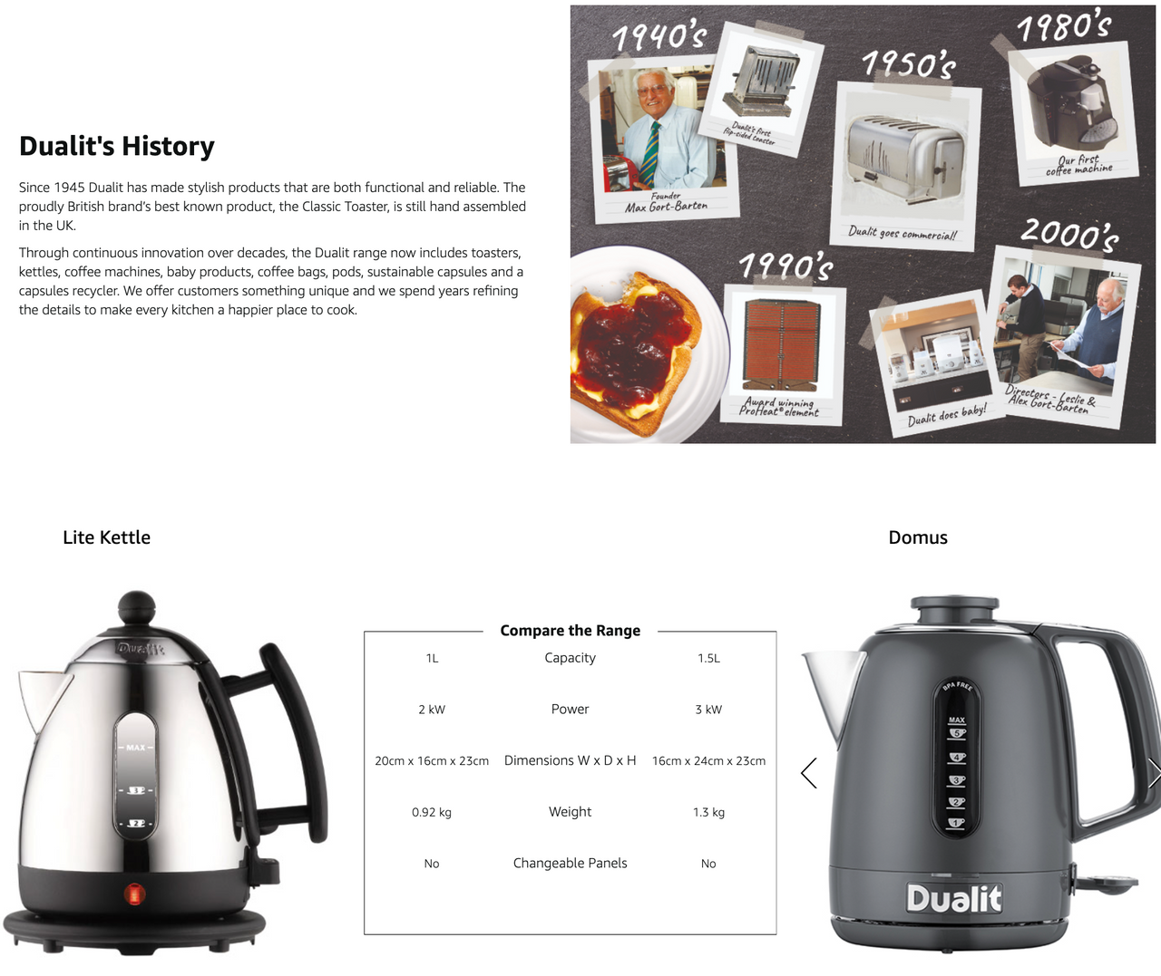 Dualit Lite mini jug kettle shown in comparison layout, stainless steel body and black handle