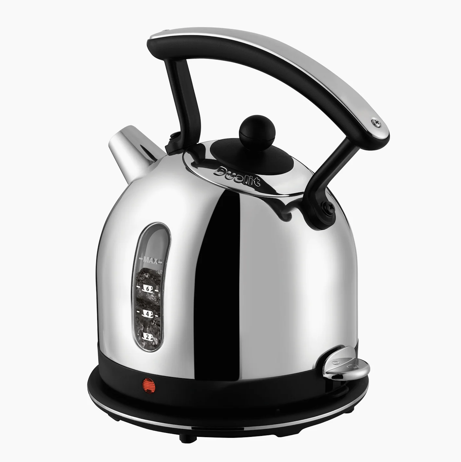 Electric kettle with curved black handle, black base, and silver body with gauge window