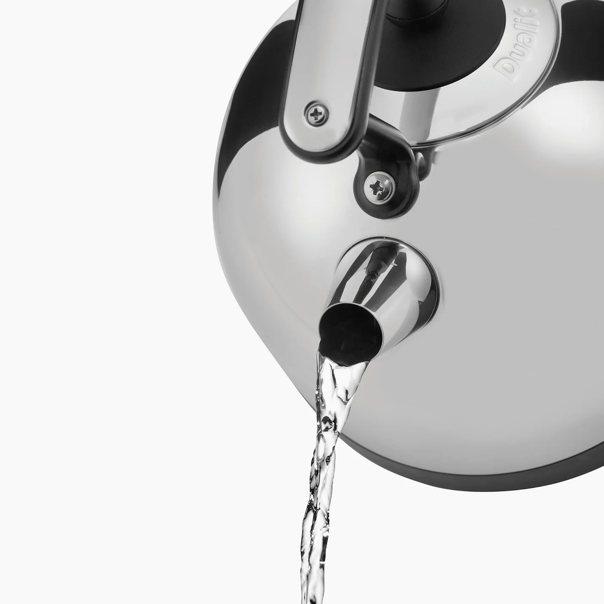 Electric kettle spout pouring water; black lid and handle on silver body