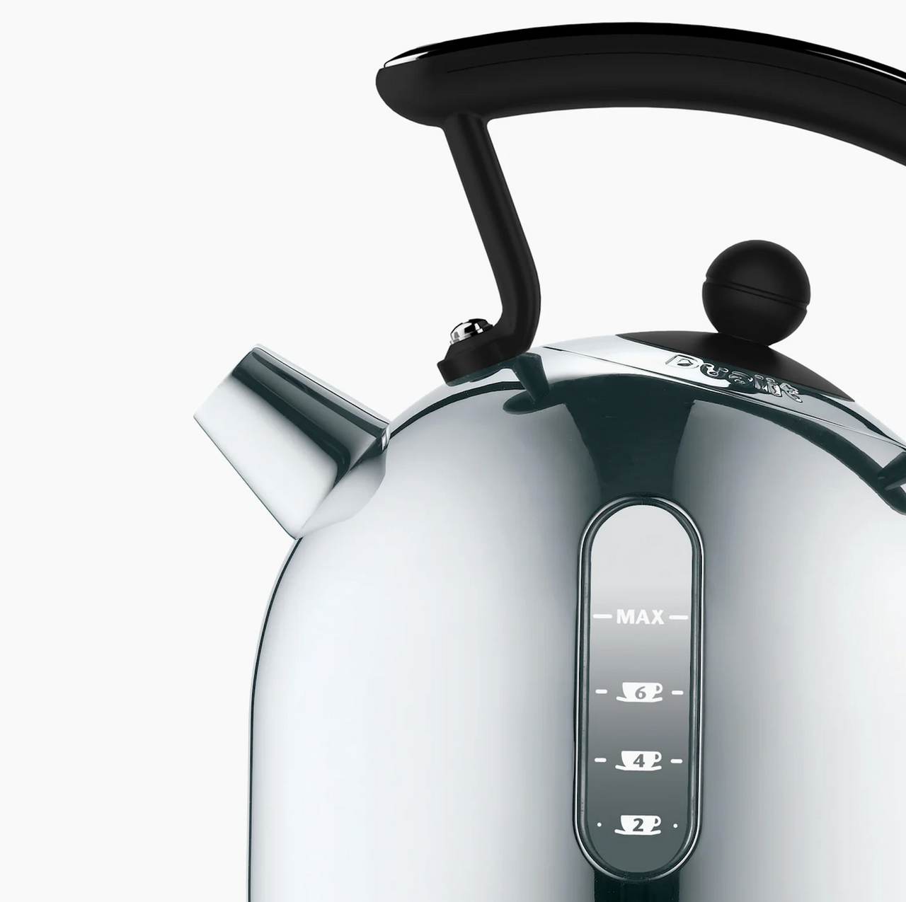 Electric kettle lid and black handle on silver body with MAX level window