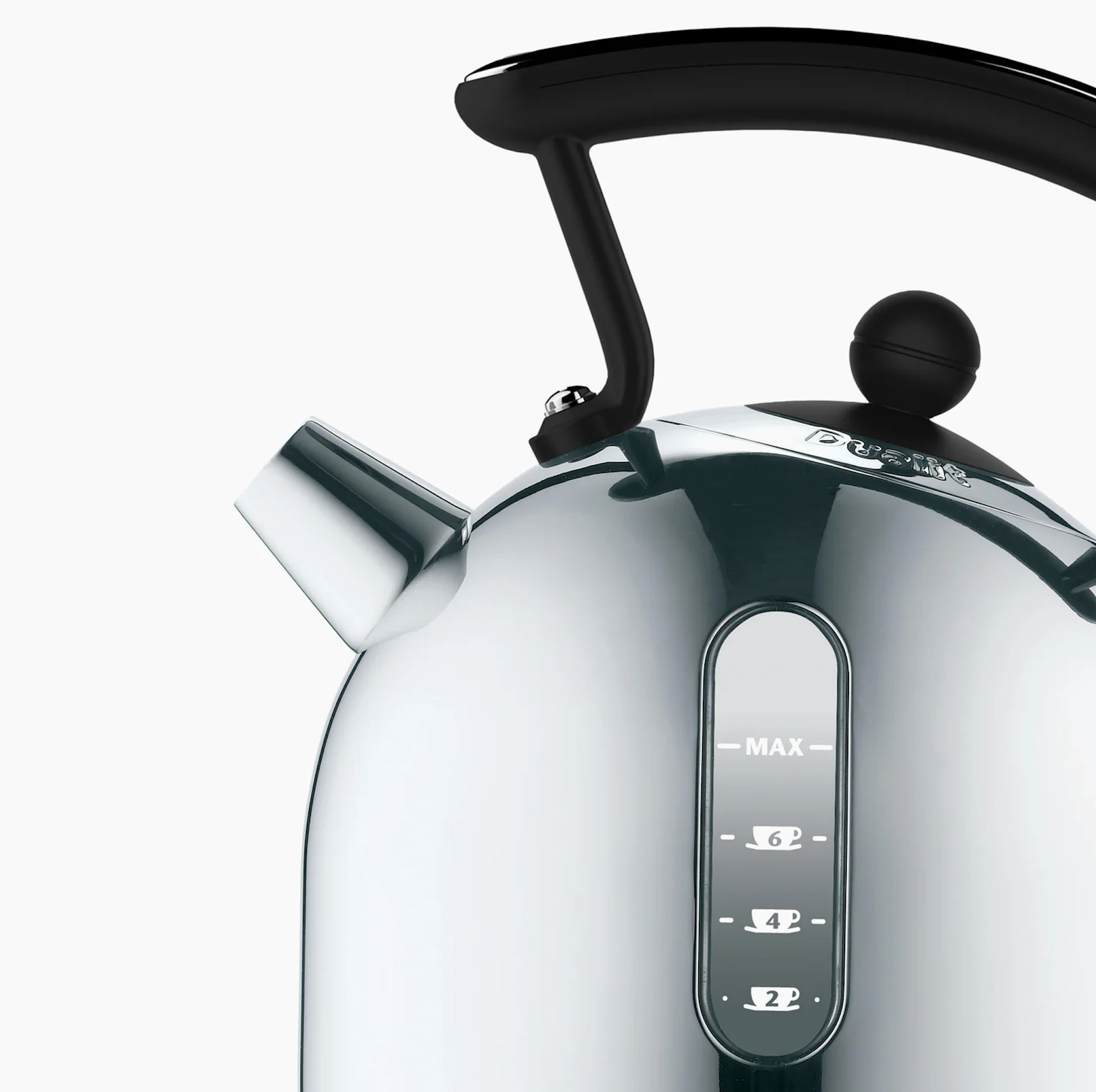 Electric kettle lid and black handle on silver body with MAX level window