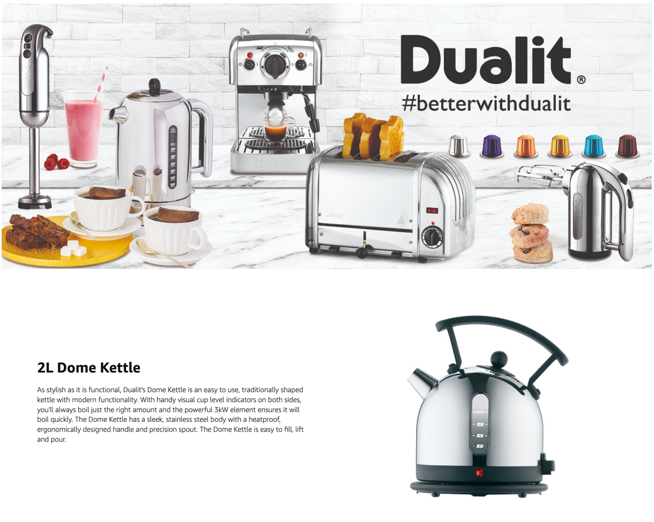 Dualit electric kettle with black handle and silver body shown in a product lineup