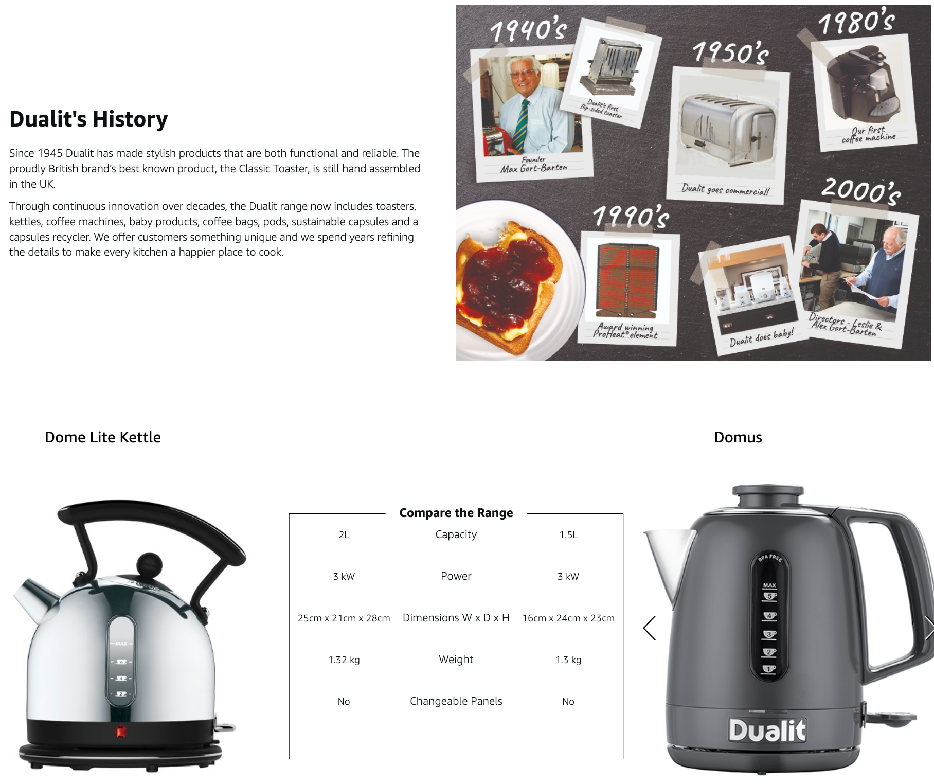 Product comparison showing two Dualit electric kettles with silver bodies and black details