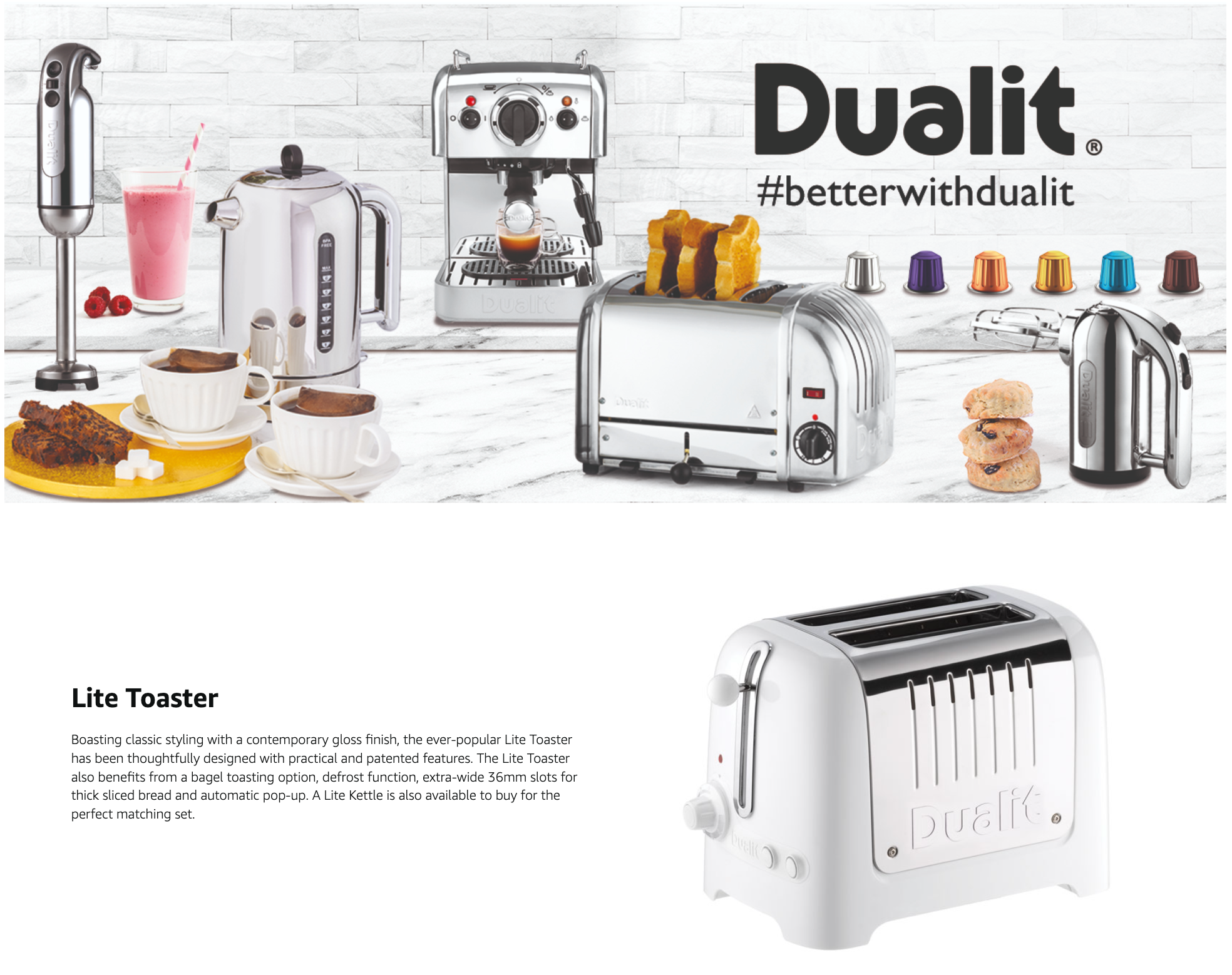 Dualit Lite 2-slice white toaster with wide slots and front control dials.