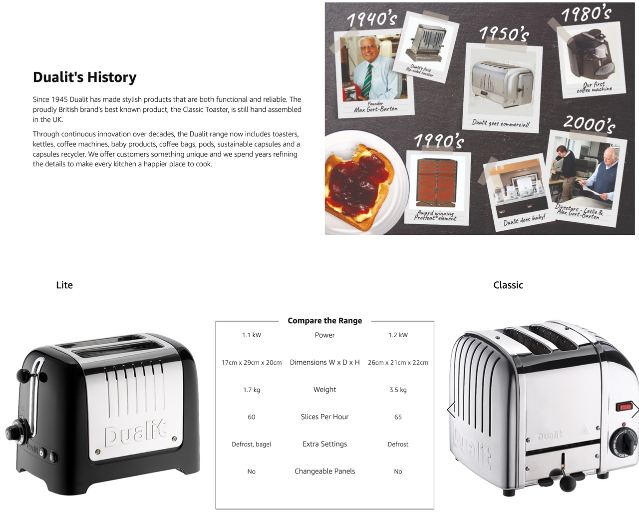 White and black Dualit 2-slice toasters side-by-side with lever and control knobs.