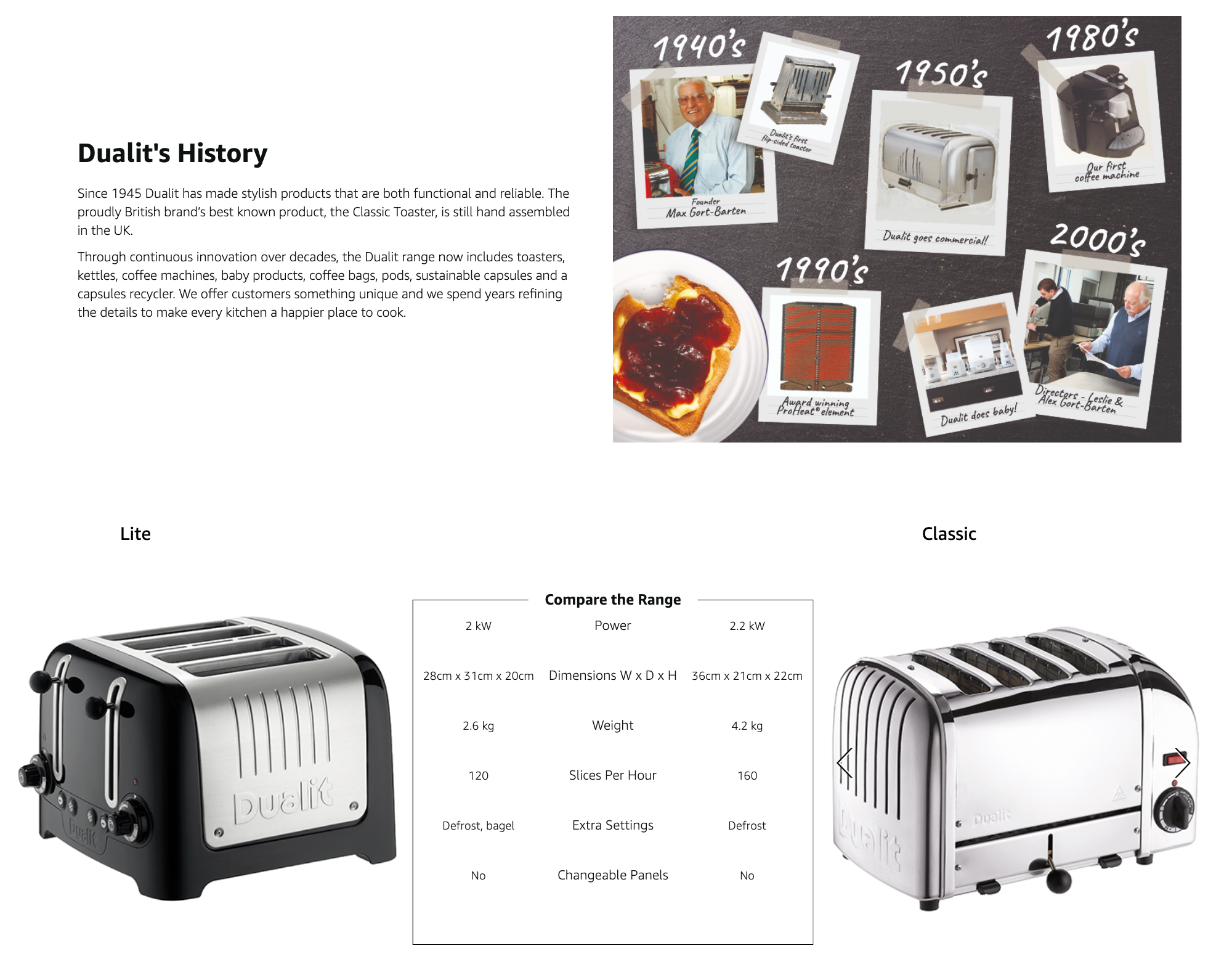 Dualit Lite and Classic toaster comparison page with toasters, specs, and timeline