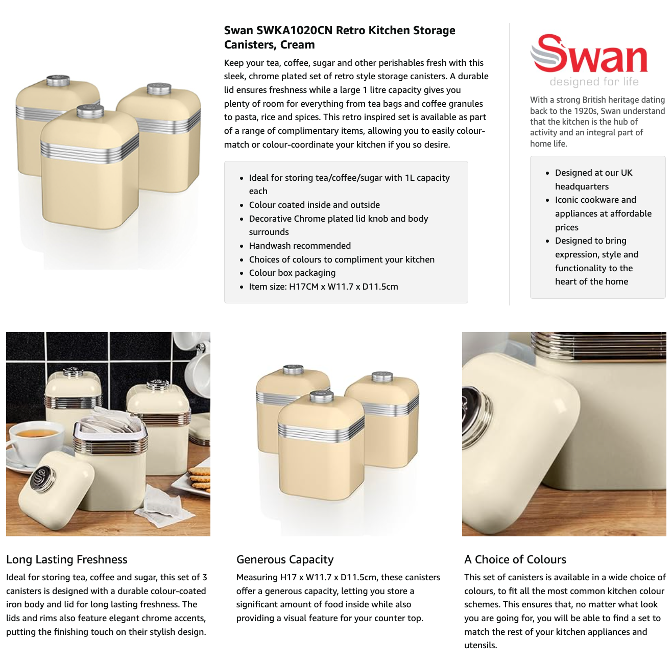 Swan Retro Canisters Kitchen Set SWKA1020CN (Cream)