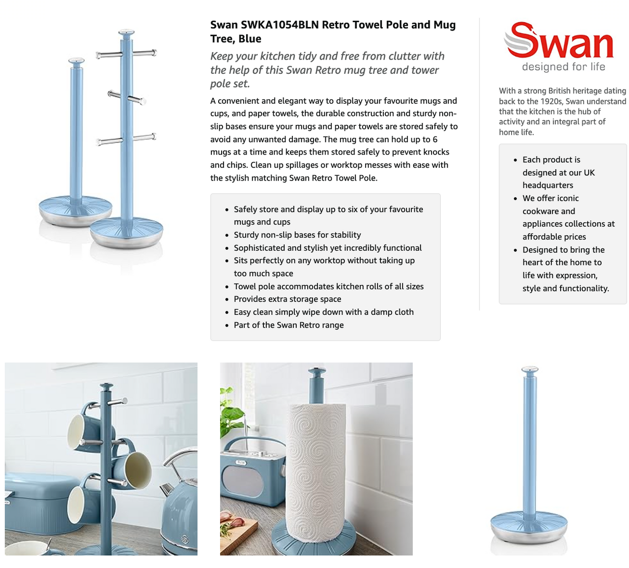 Blue towel pole and mug tree kitchen stand with towel roll and mugs