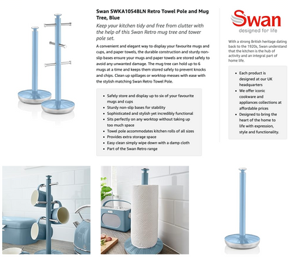 Swan Retro Towel Pole & Mug Tree Kitchen Holder Set SWKA1054BLN (Blue)