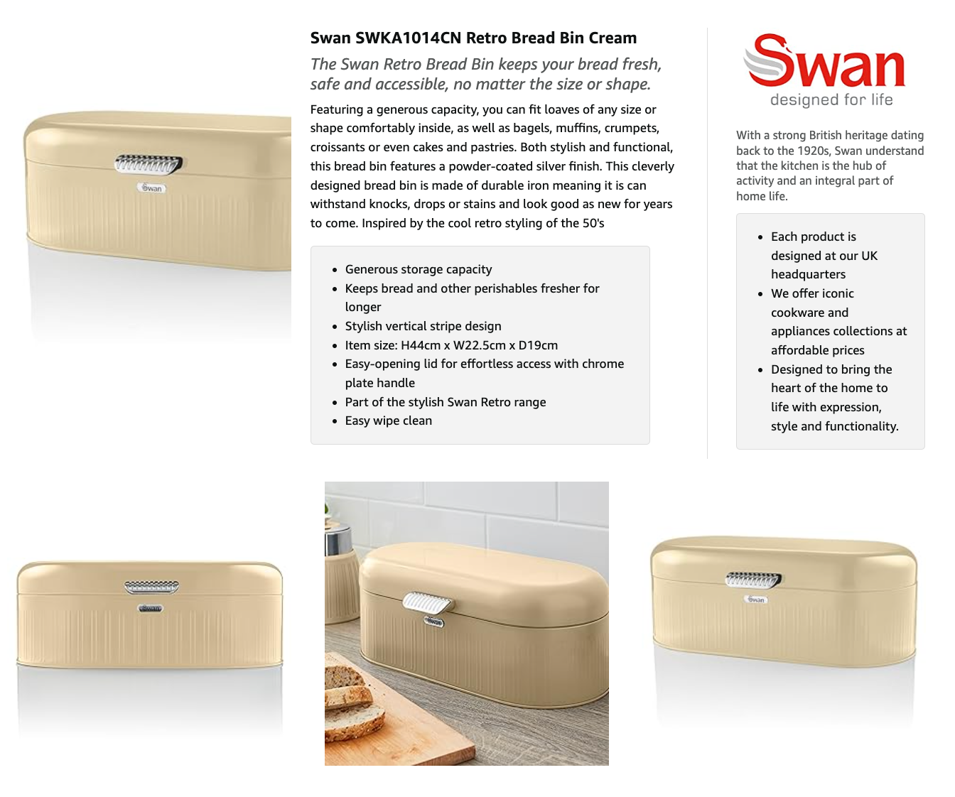 Swan Retro Bread Bin Storage SWKA1014CN (Cream)