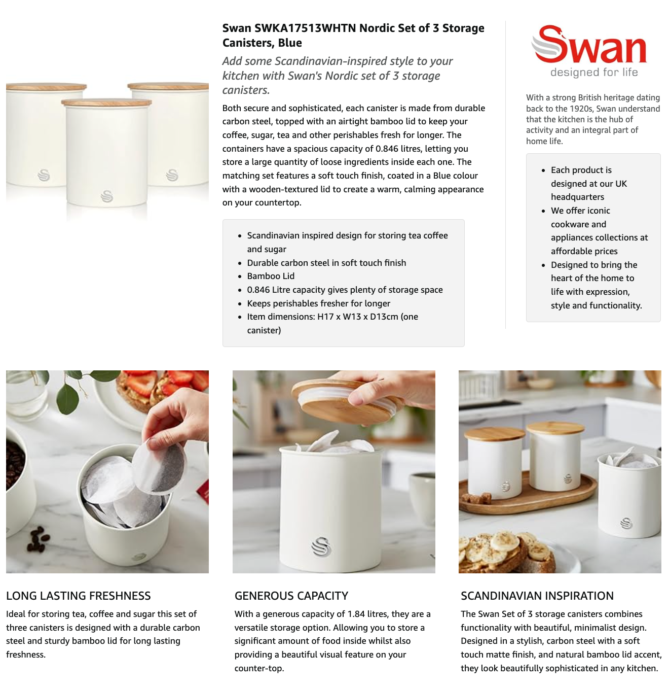 Swan Nordic Canisters Set with Bamboo Lids SWKA17513WHTN (White)