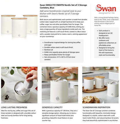 Swan Nordic Canisters Set with Bamboo Lids SWKA17513WHTN (White)