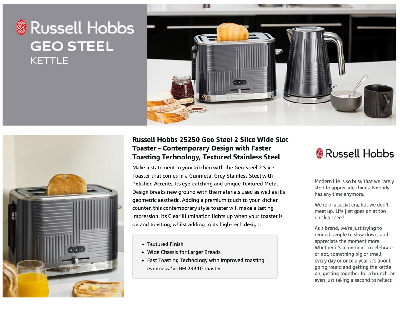 Russell Hobbs Geo Steel 2-slice toaster shown on a product brochure page