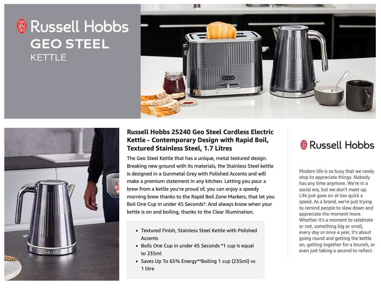 Russell Hobbs Geo Steel Jug Kettle 25240 (Grey).