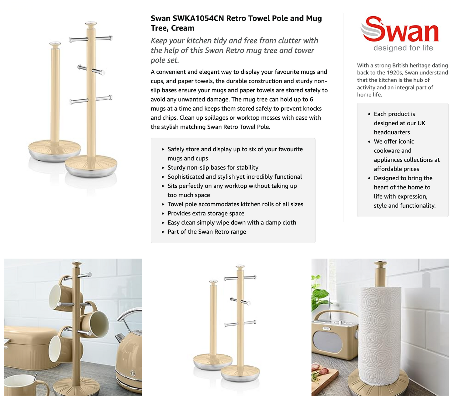 Swan Retro Towel Pole & Mug Tree Kitchen Holder Set SWKA1054CN (Cream)