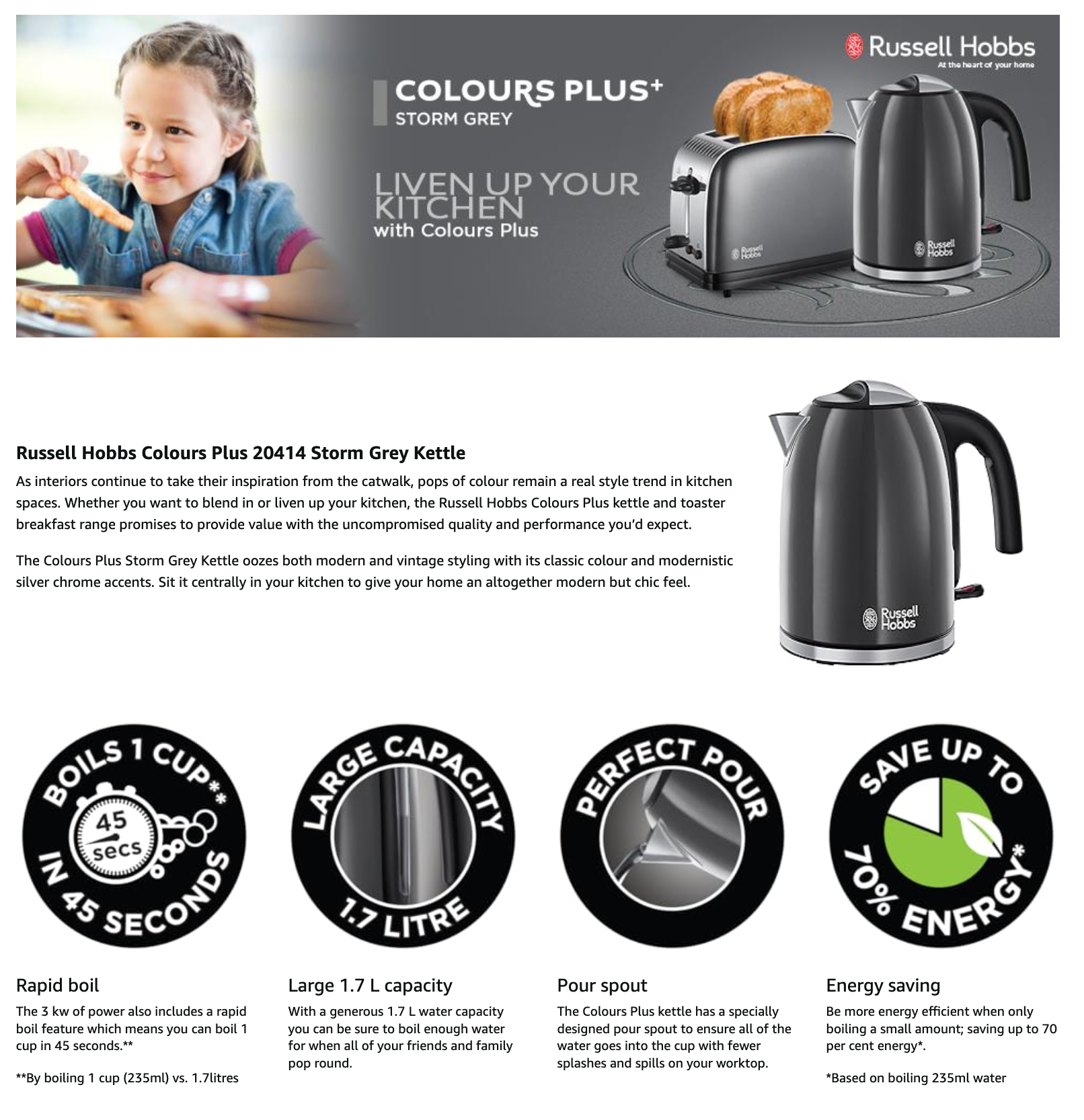 Russell Hobbs Classic Colours Jug Kettle 20414 (Grey).