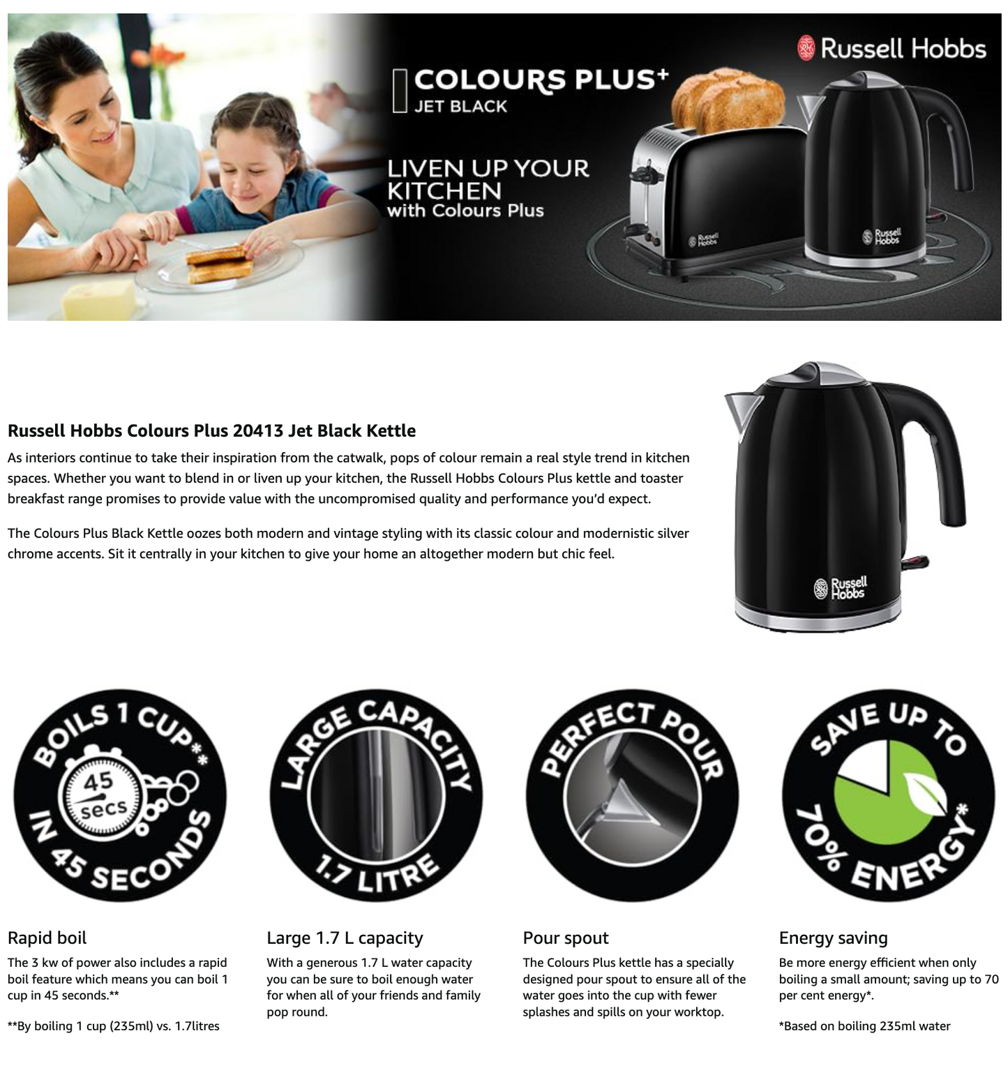 Russell Hobbs Classic Colours Kettle & 2 Slice Toaster Kitchen Set (Black)