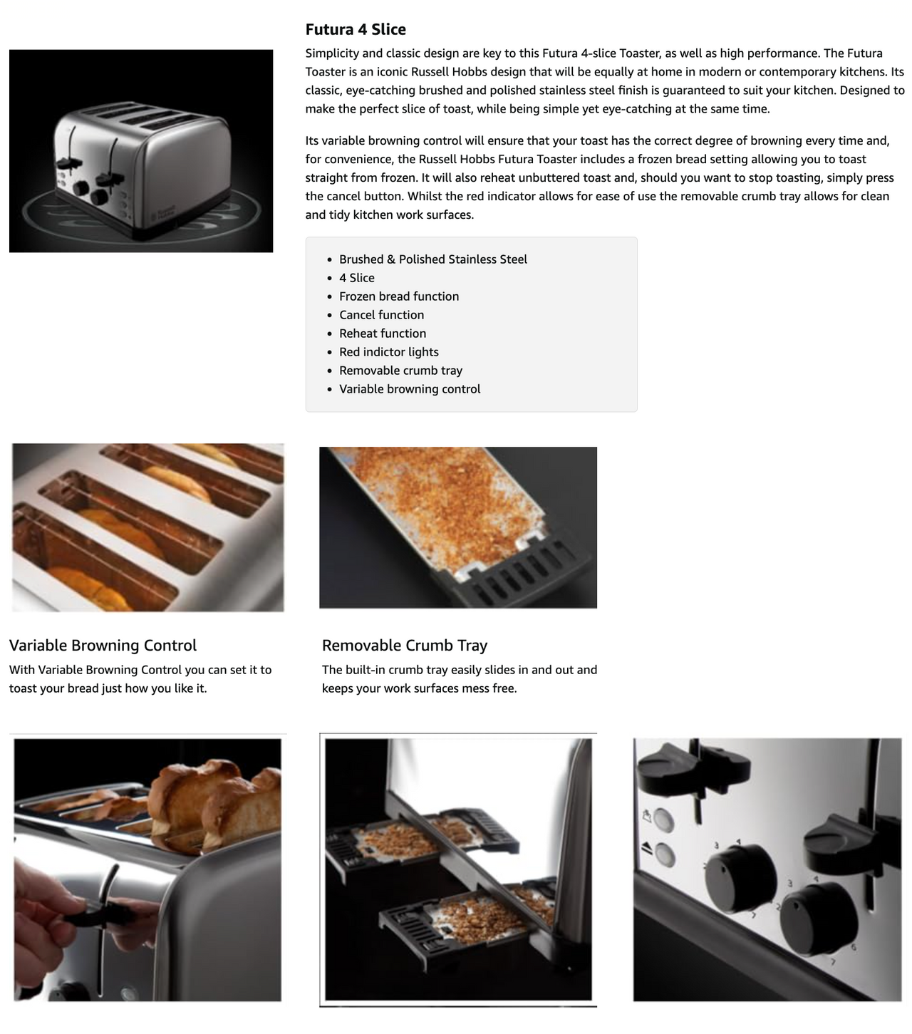Silver 4-slice toaster on a feature panel with removable crumb tray illustration
