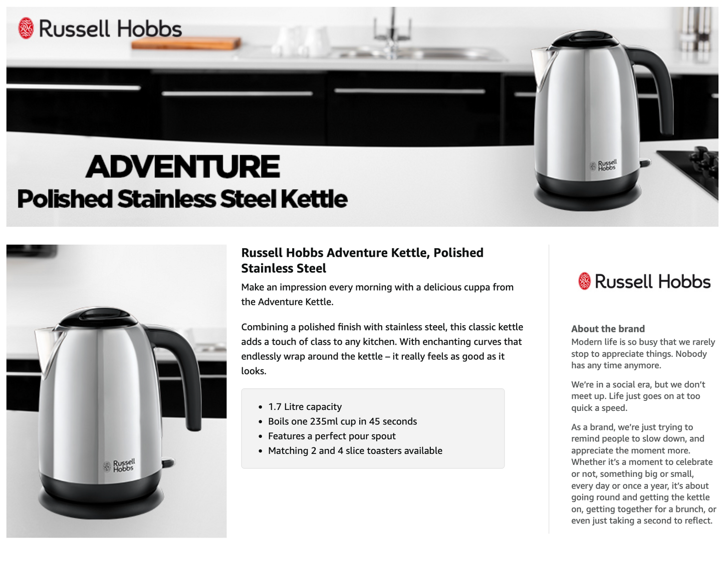 Russell Hobbs Stainless Steel Kettle & 4 Slice Toaster Kitchen Set (Silver)