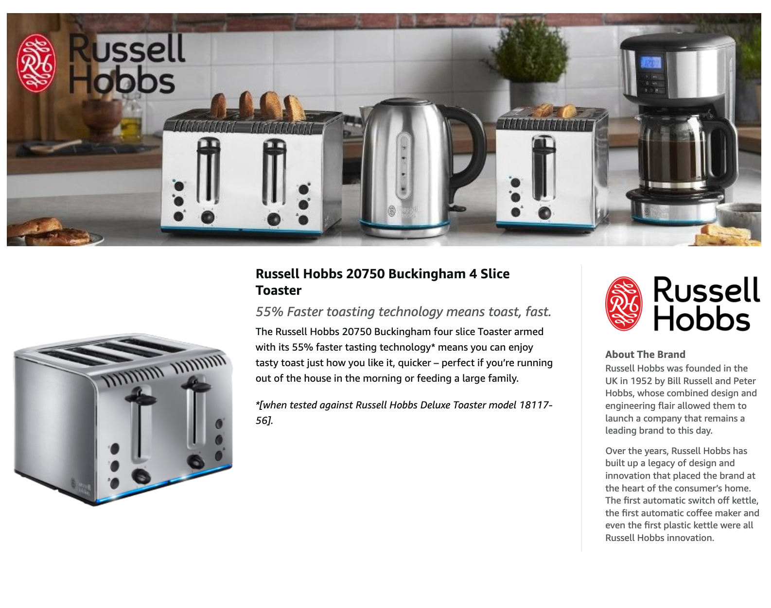 Russell Hobbs 4-slice toaster with blue-lit base and four slot openings