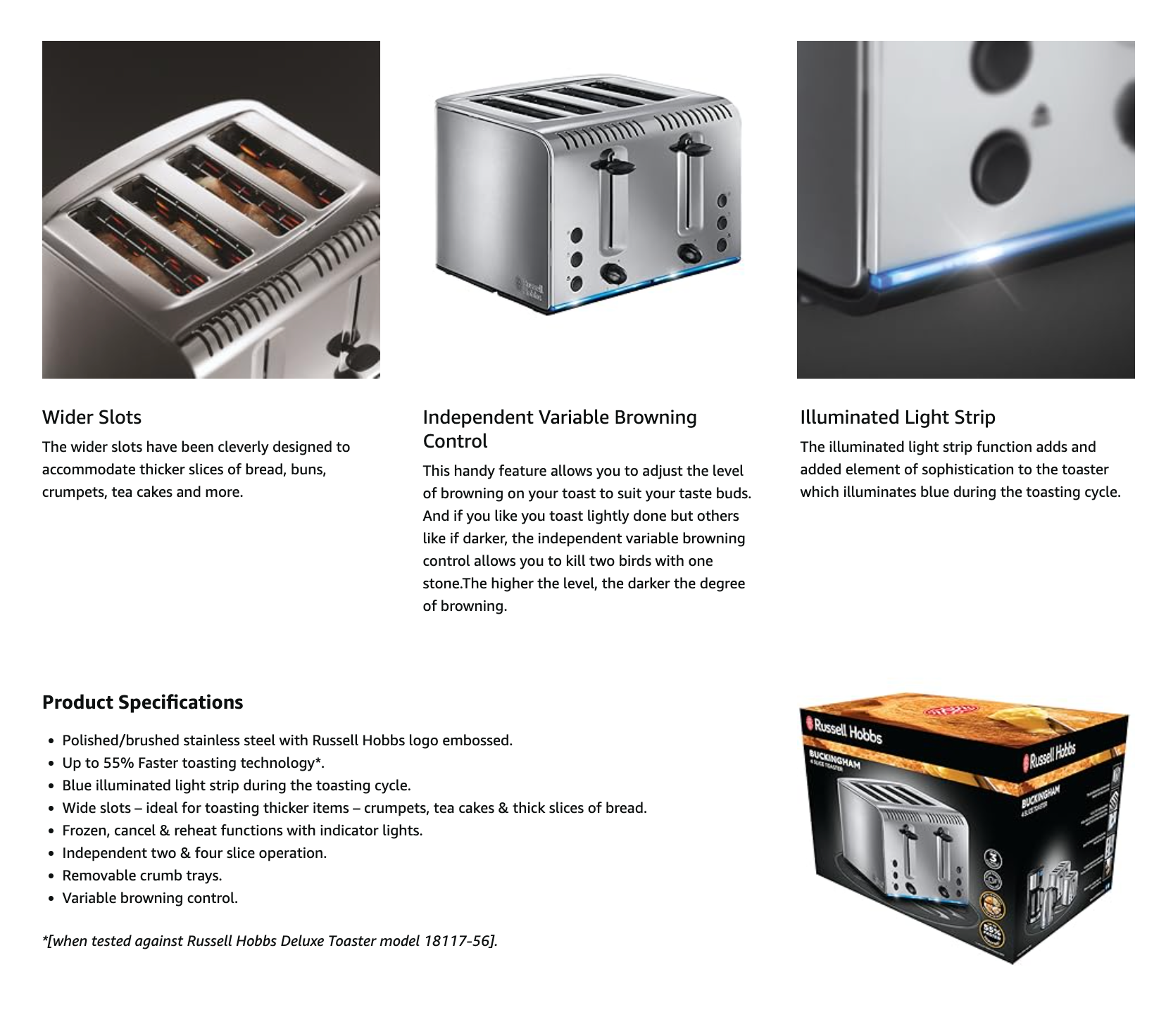 Stainless steel 4-slice toaster with wide slots and illuminated light strip