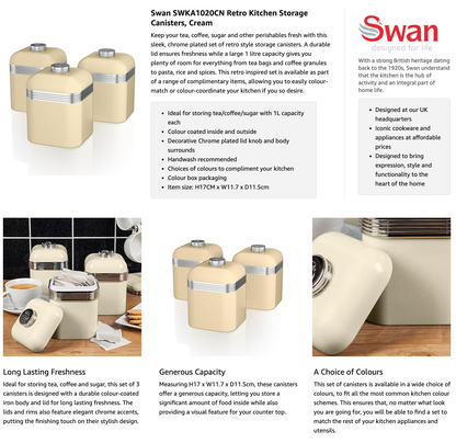 Swan Retro Cream Kettle, 2 Slice Toaster, Bread Bin & Canisters Kitchen Set