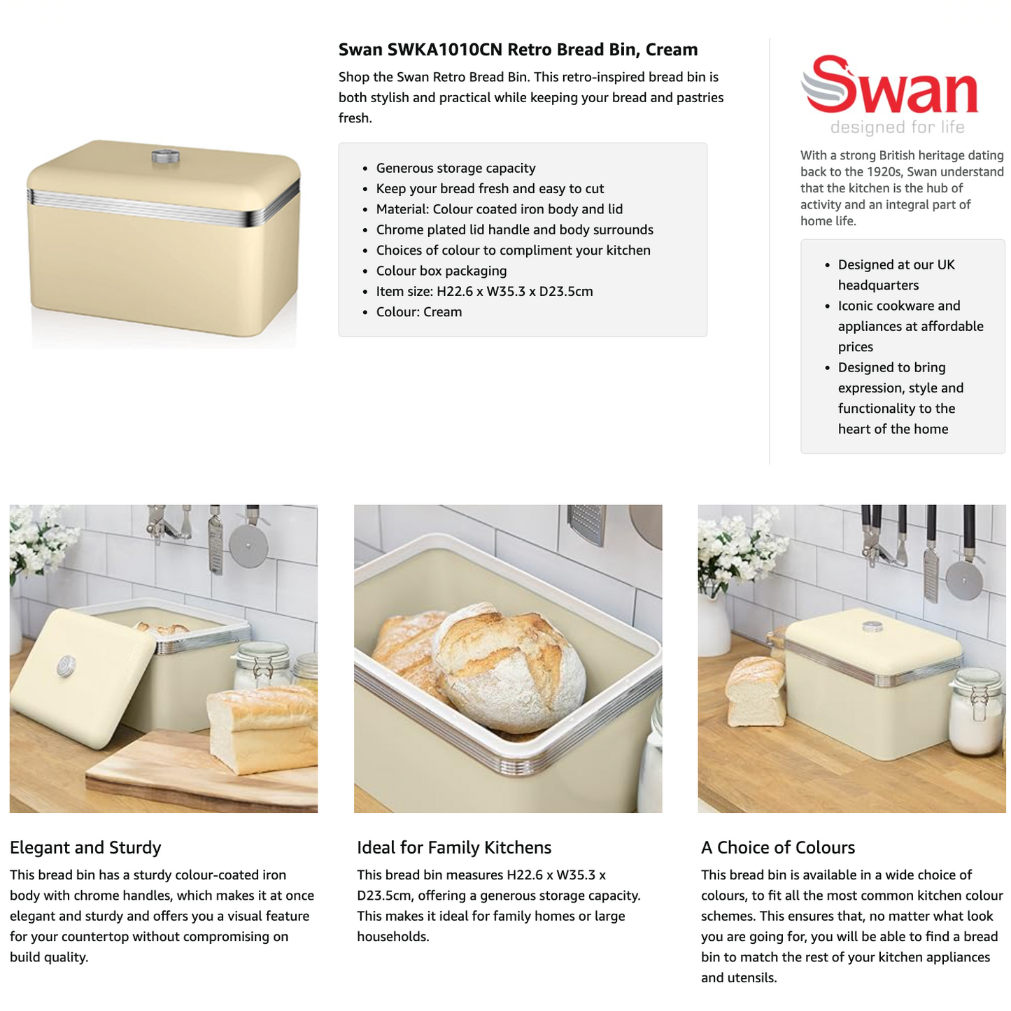 Swan Retro Cream Kettle, 2 Slice Toaster, Bread Bin & Canisters Kitchen Set