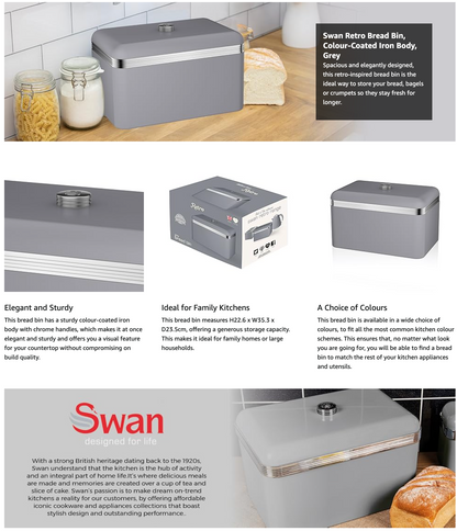 Swan Retro Grey Kettle, 2 Slice Toaster, Bread Bin & Canisters Kitchen Set