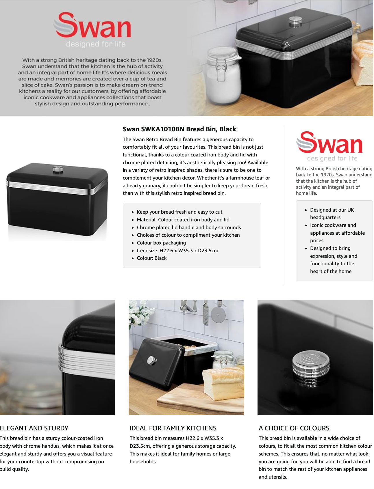 Swan Retro Kettle, 4 Slice Toaster, Bread Bin & Canisters Kitchen Set (Black)