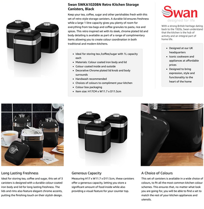 Swan Retro Kettle, 4 Slice Toaster, Bread Bin & Canisters Kitchen Set (Black)