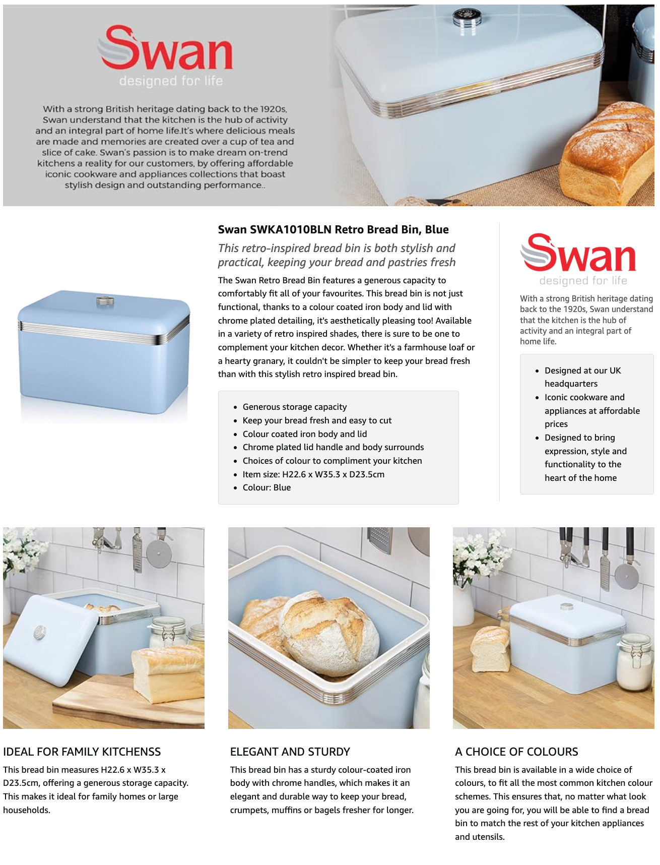 Swan Retro Kettle, 2 Slice Toaster, Bread Bin & Canisters Kitchen Set (Blue)