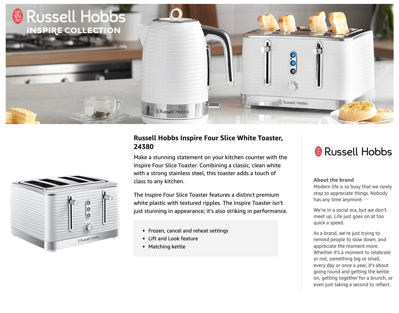 Russell Hobbs Inspire Kettle & 4 Slice Toaster Kitchen Set (White)