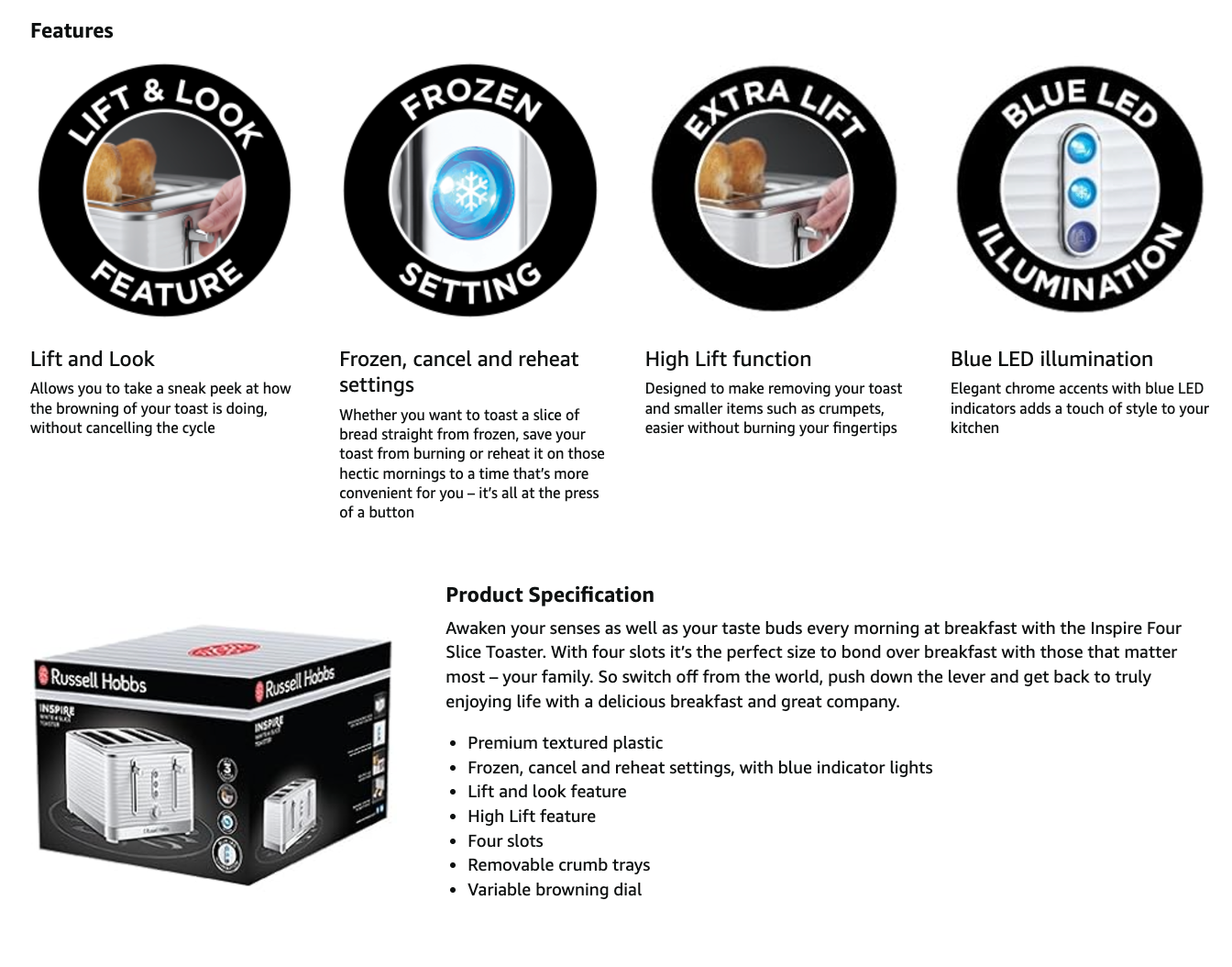White 4-slice toaster with feature icons for frozen, extra lift, and blue LED