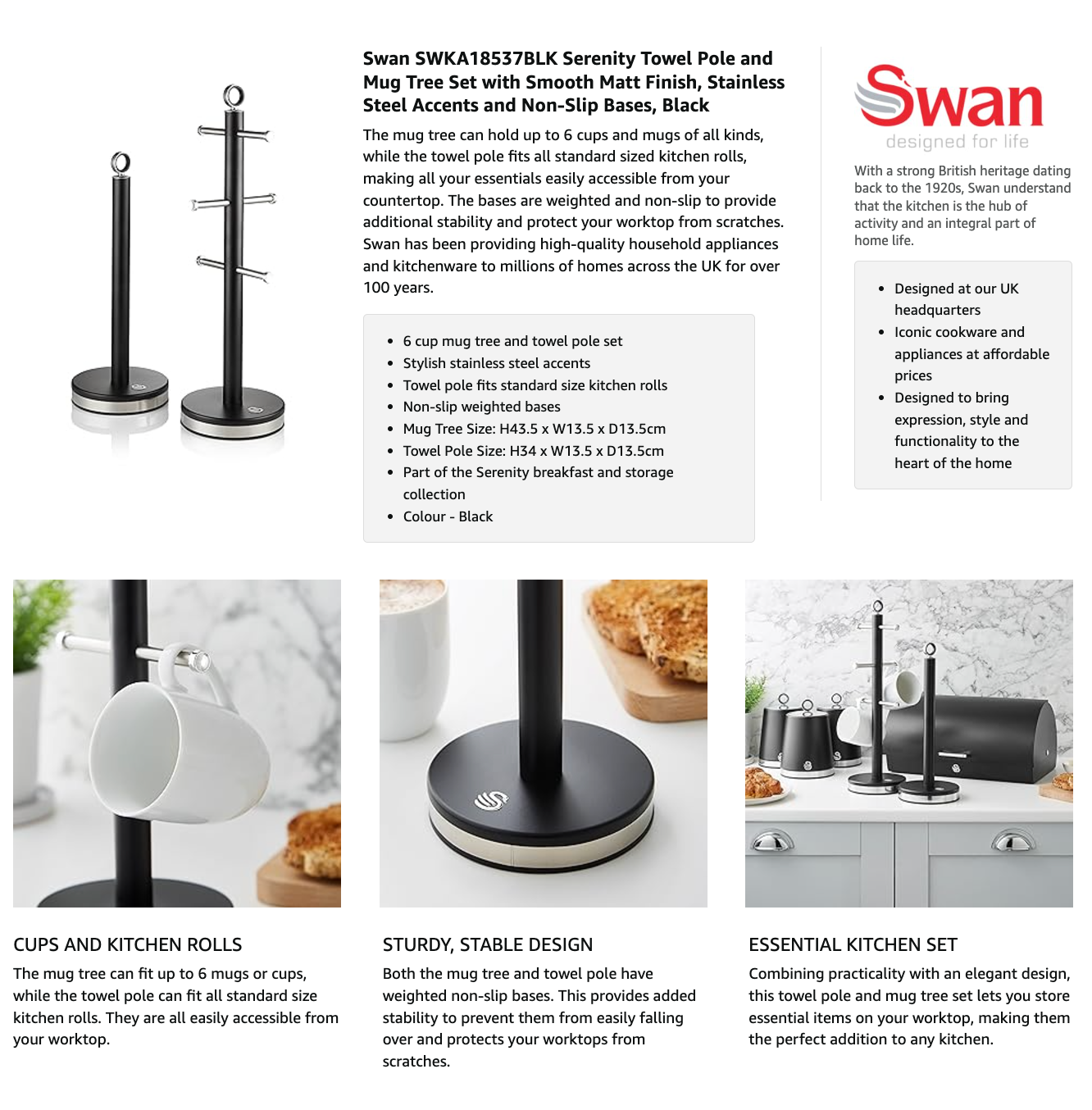 Black towel pole and mug tree kitchen set shown in multiple angles on a product sheet