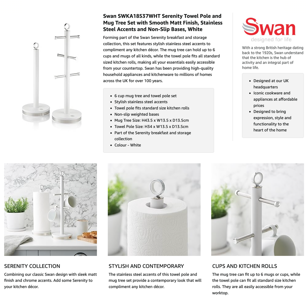 White Swan Serenity towel pole and mug tree with cup holders and storage rolls