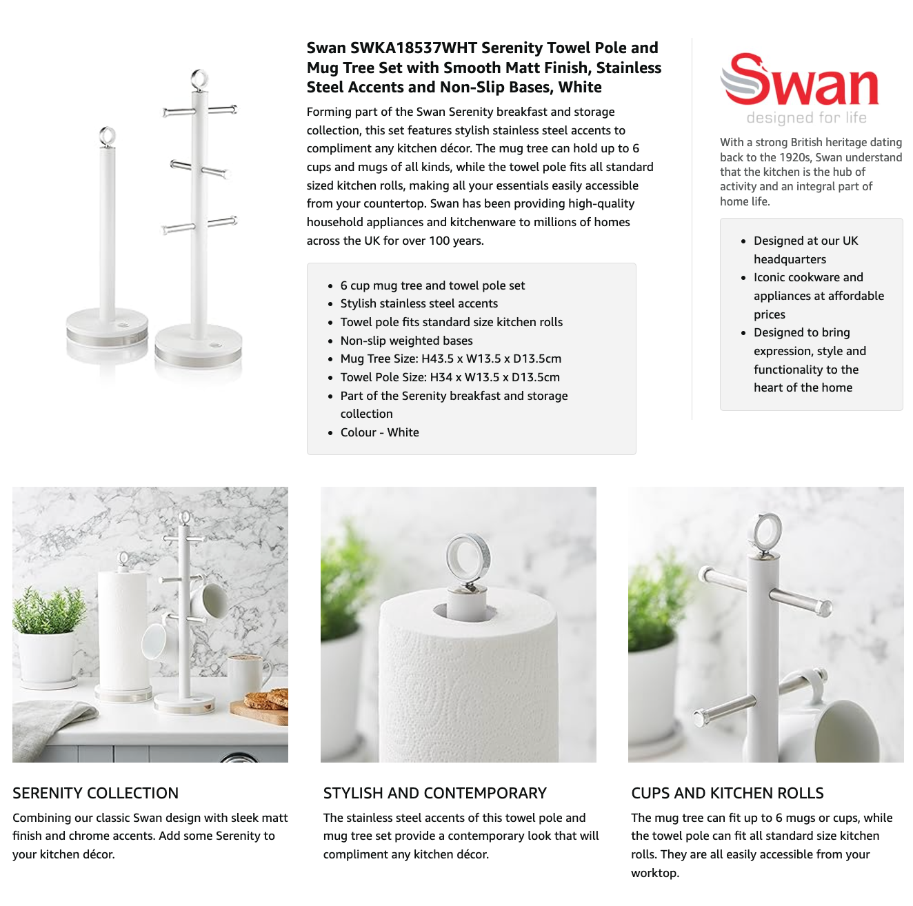 White Swan Serenity towel pole and mug tree with cup holders and storage rolls