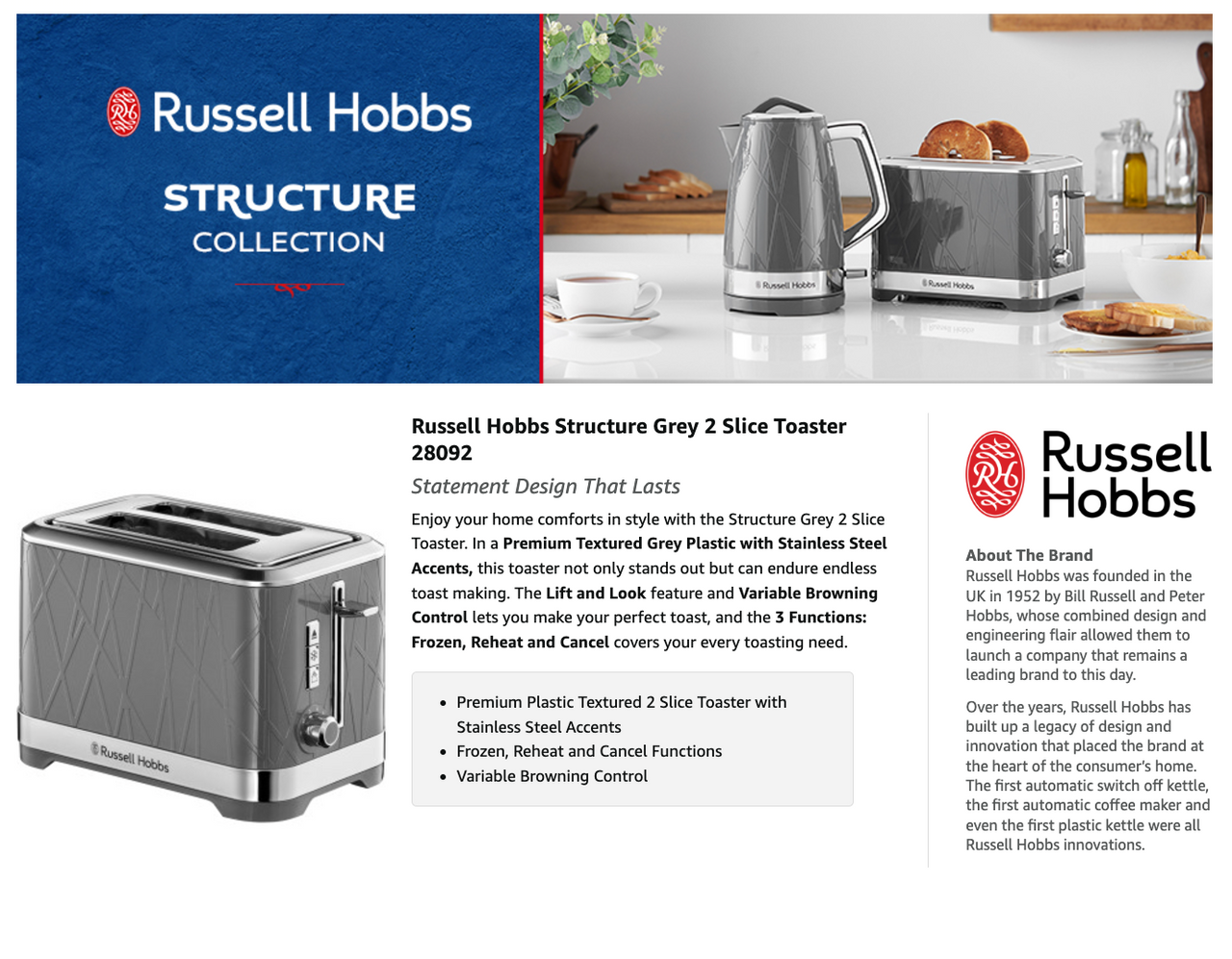 Russell Hobbs grey 2-slice toaster with front view and feature info page
