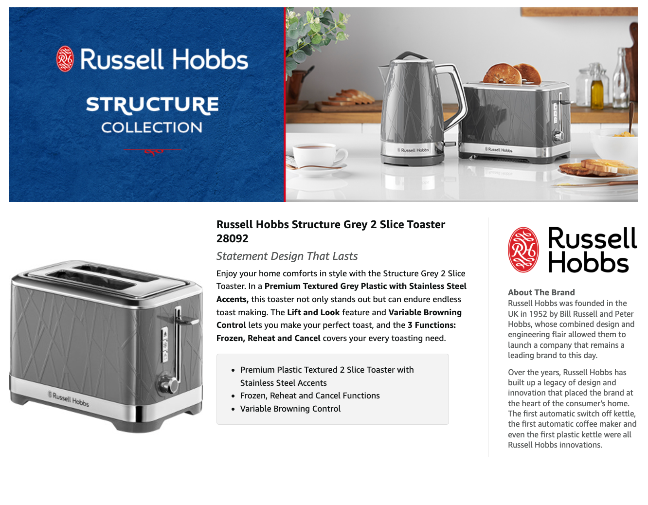 Russell Hobbs Structure 2 Slice Toaster with Lift & Look 28092 (Grey)