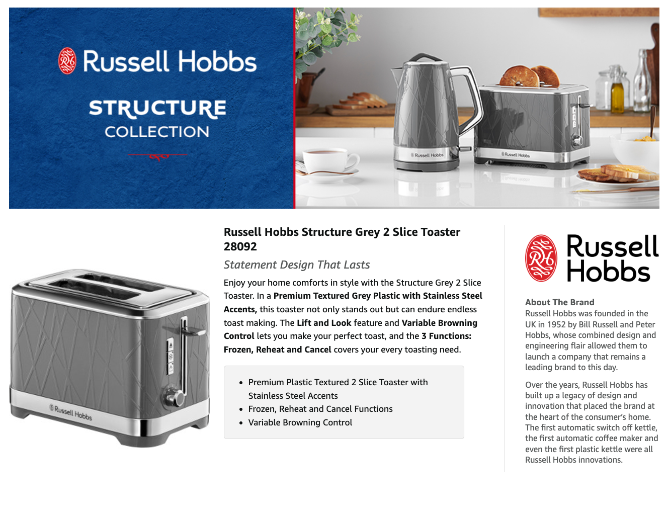 Russell Hobbs grey 2-slice toaster with front view and feature info page