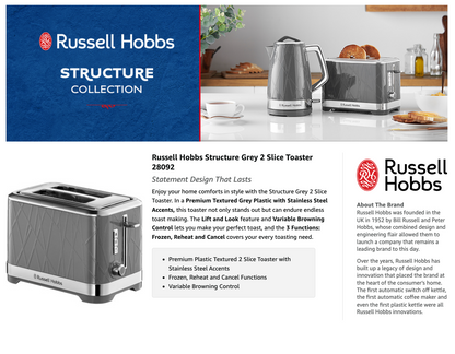 Russell Hobbs Structure 2 Slice Toaster with Lift & Look 28092 (Grey)