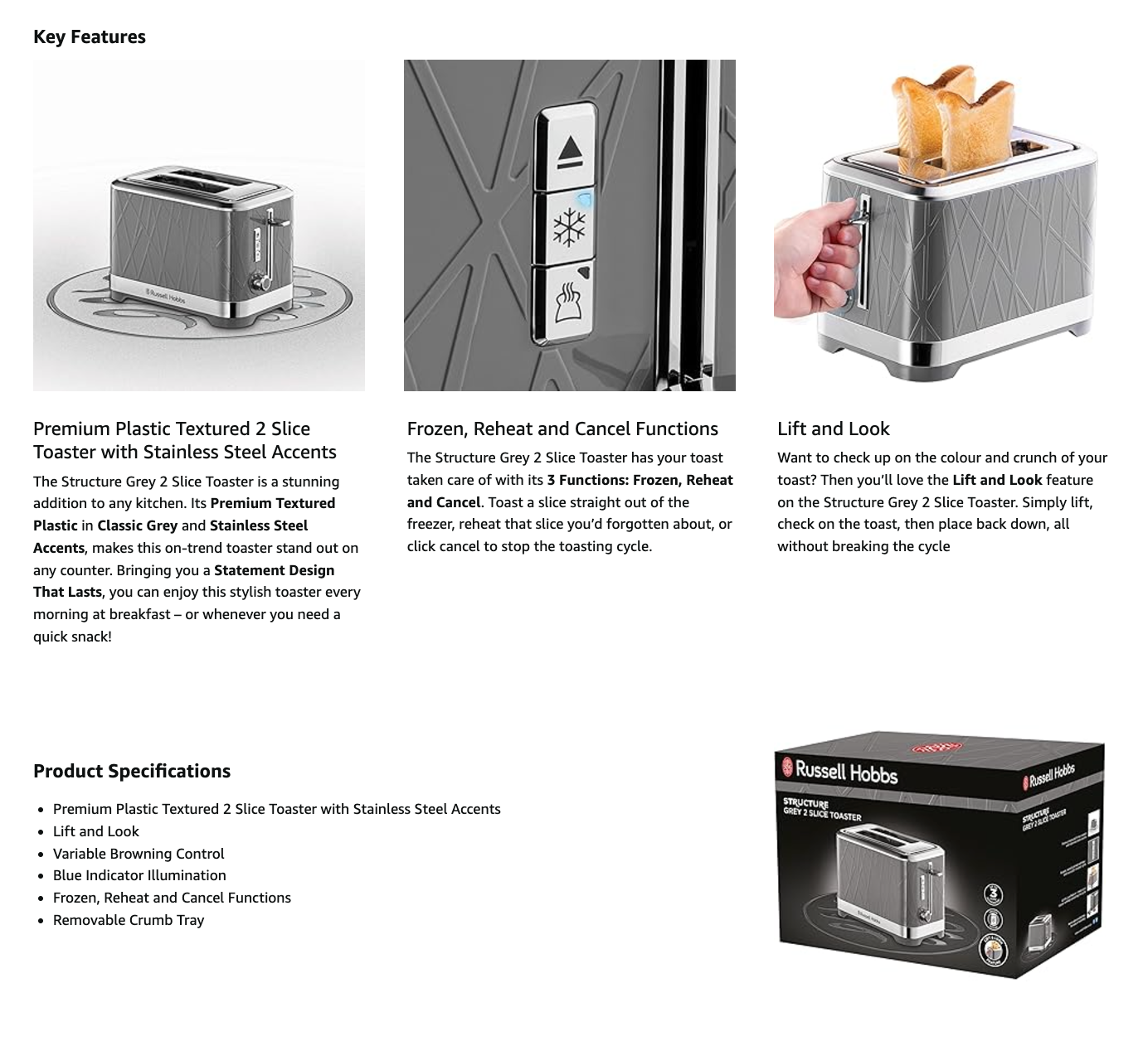 Grey 2-slice toaster with lift lever and top slots, showing toast inside