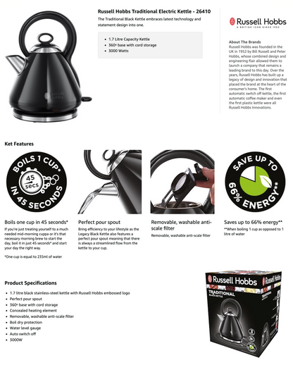 Russell Hobbs Traditional Pyramid Kettle 26410 (Black).