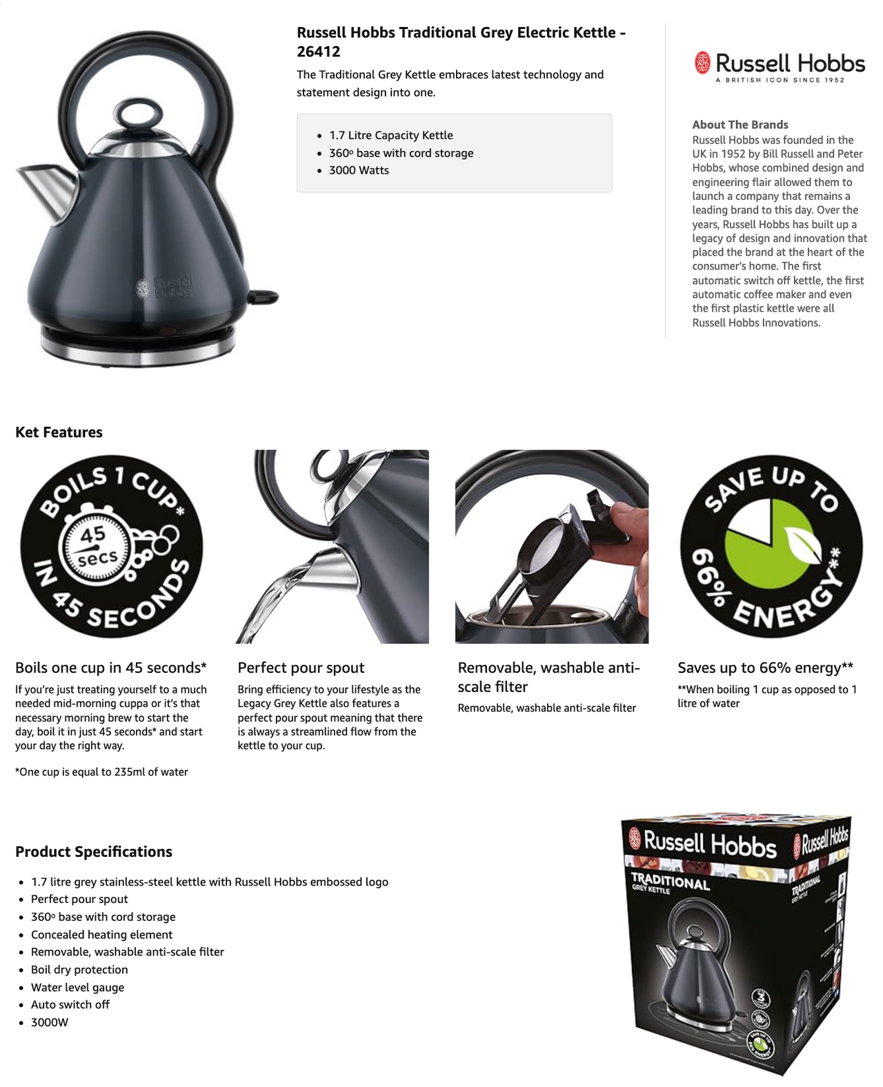 Russell Hobbs Traditional Pyramid Kettle 26412 (Grey) - Vibe Home