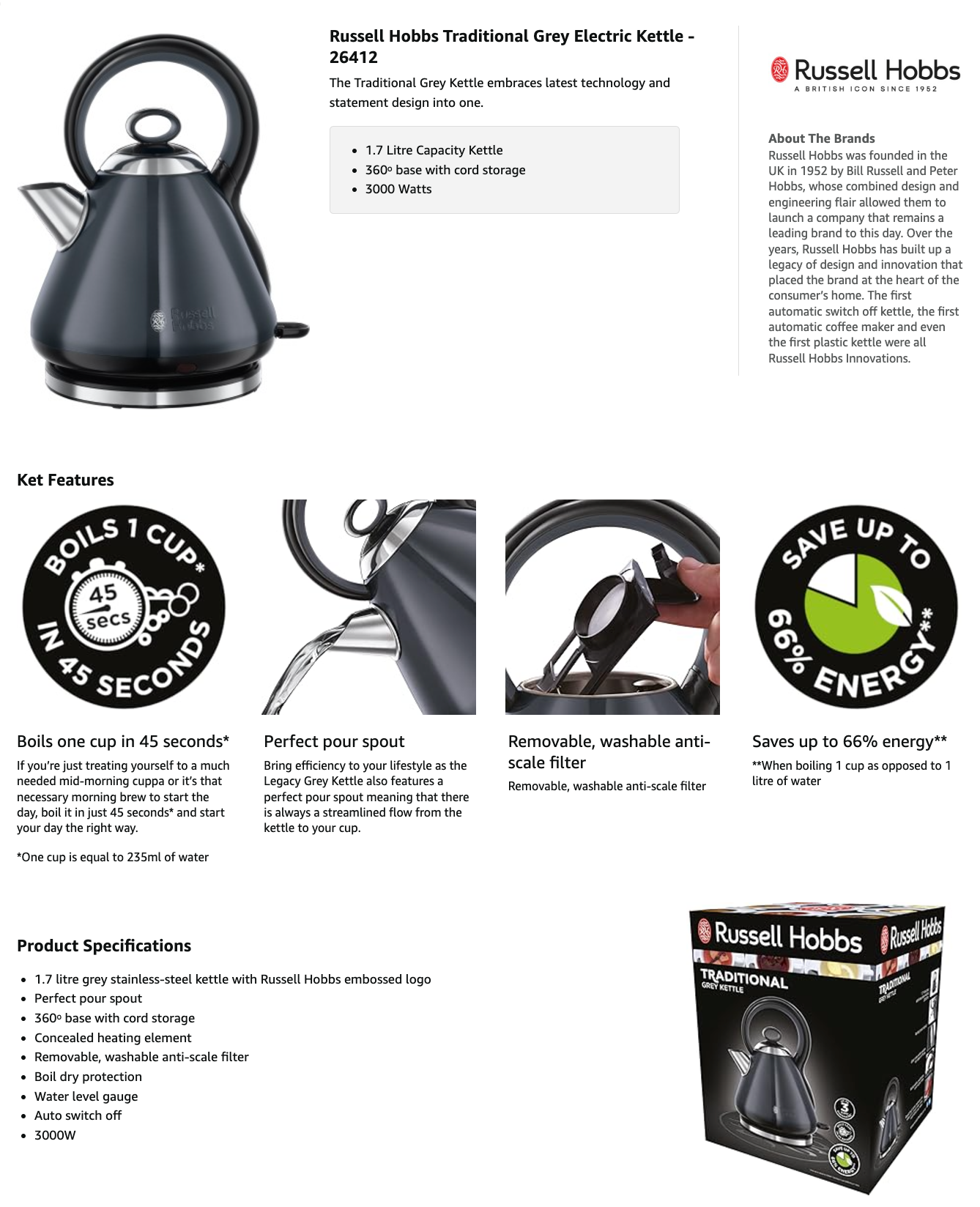 Russell Hobbs Traditional Pyramid Kettle 26412 (Grey)