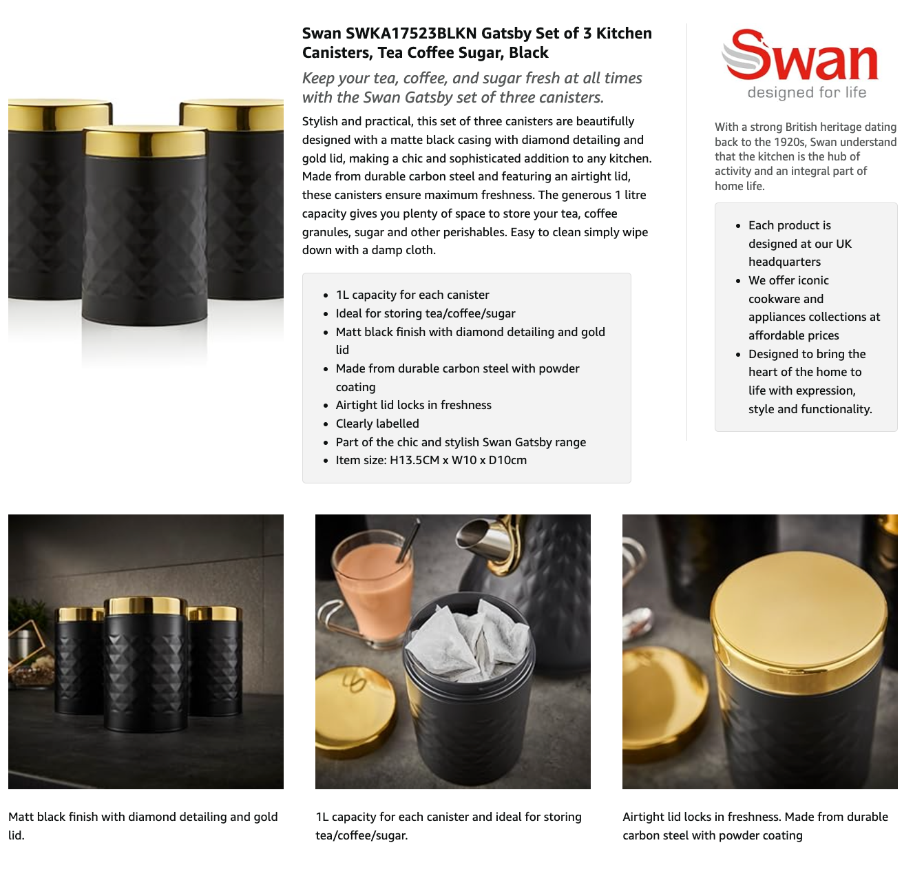 Swan Gatsby Canisters Kitchen Set SWKA17523BLKN (Black)