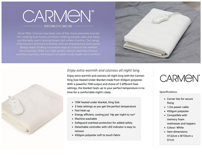 Carmen Size King Heated Under Blanket Overheat Electric Protection