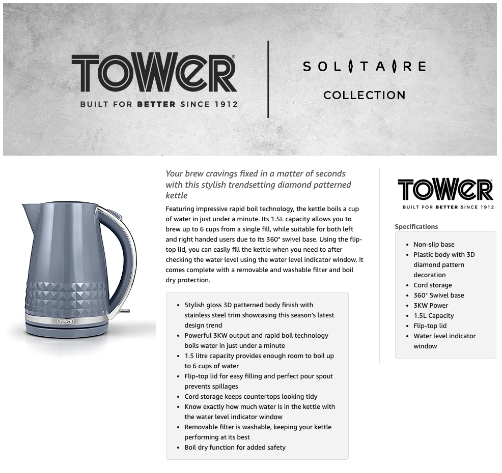 Tower Solitaire Jug Kettle T10075GRY (Grey)