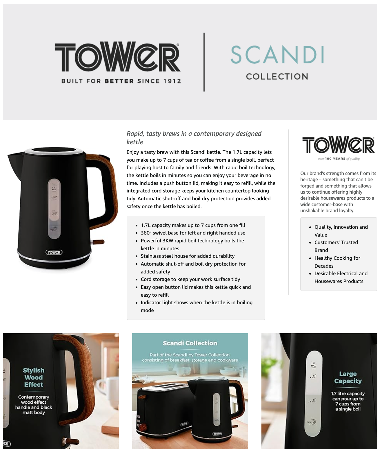 Tower Scandi Jug Kettle with Wooden Accents T10037BLK (Black)