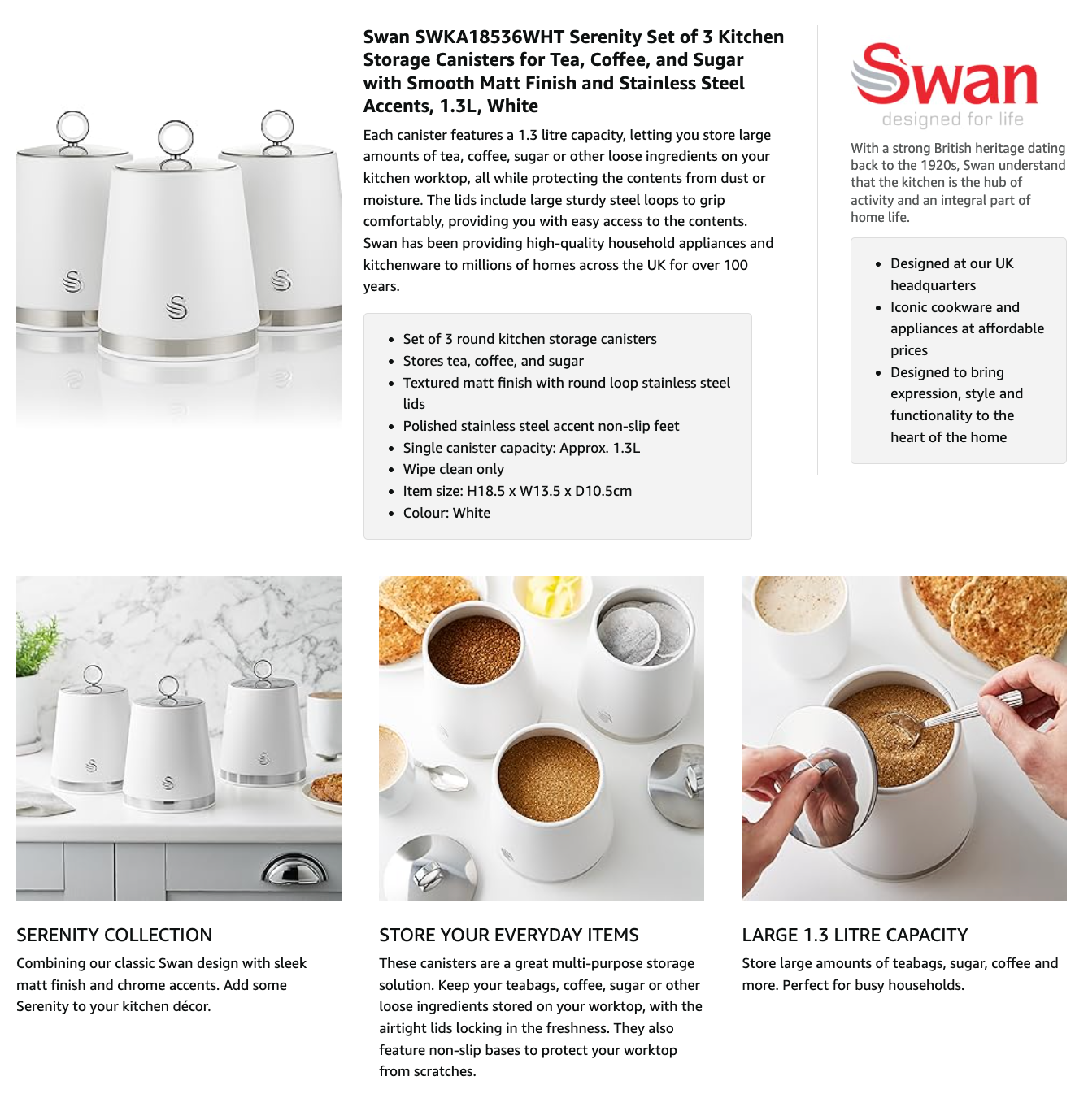 Swan Serenity Canisters Set Coffee Tea Sugar SWKA18536WHT (White)